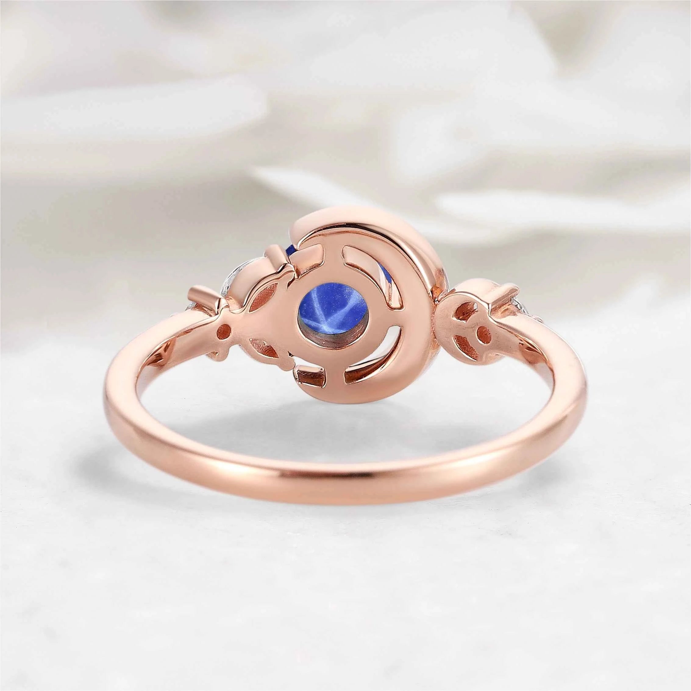 Star & Moon Inspired Engraved Star Sapphire Round Cut Engagement Ring - Celeste