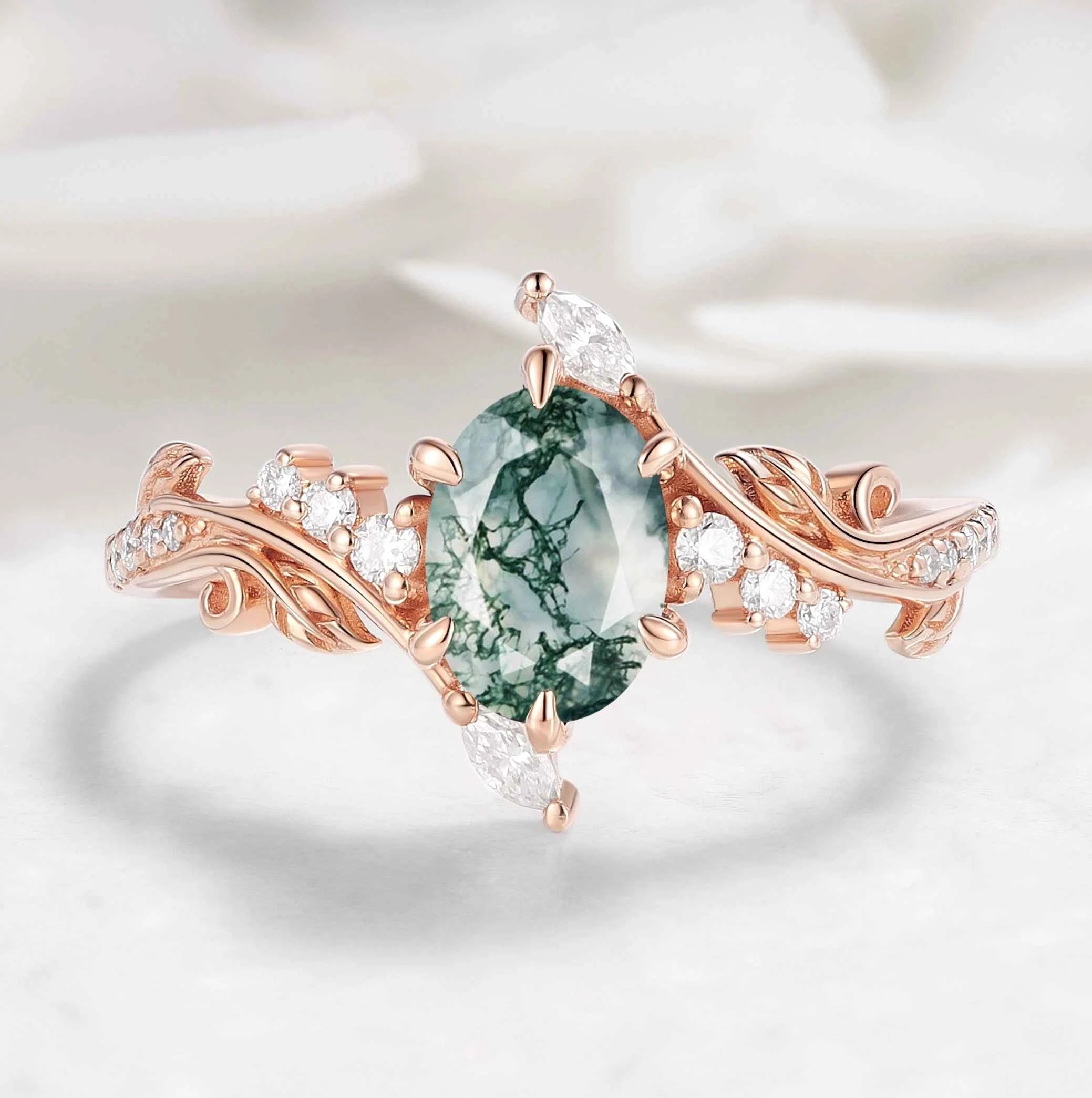 Nature-Inspired Leaf Oval Cut Moss Agate Engagement Ring - Thalina