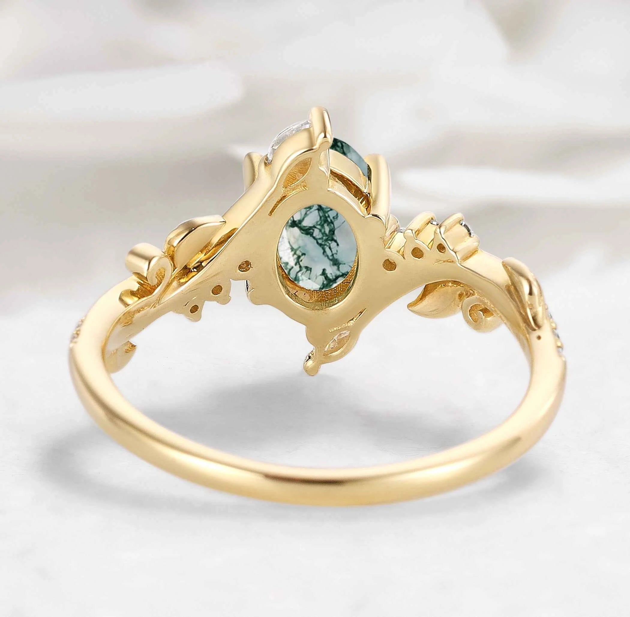 Nature-Inspired Leaf Oval Cut Moss Agate Engagement Ring - Thalina