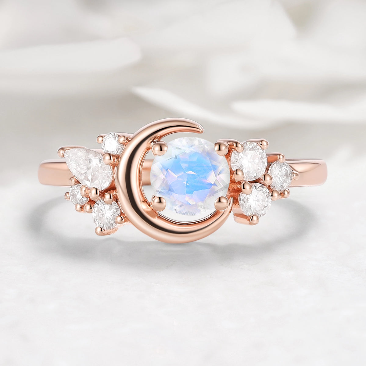 Moon Design Moonstone Round Cut Engagement Ring - Lahela Jewelry