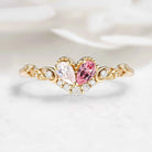 Blush Unity Heart Ring – Pear Cut Moissanite & Pink Sapphire Leaf Inspired Custom Love Ring