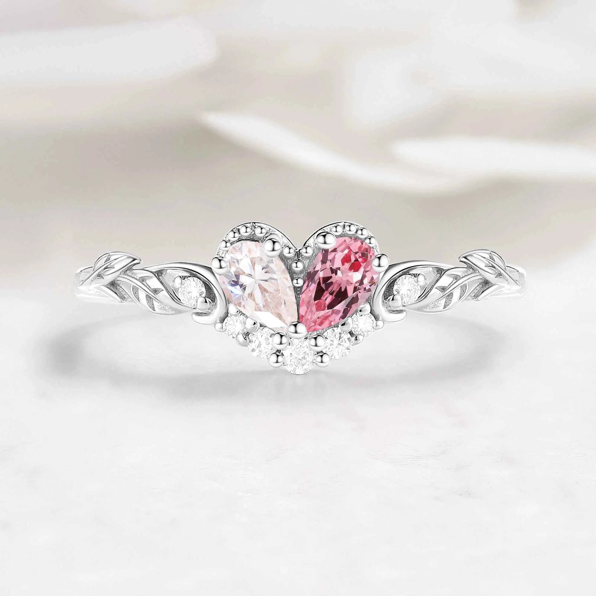Blush Unity Heart Ring – Pear Cut Moissanite & Pink Sapphire Leaf Inspired Custom Love Ring