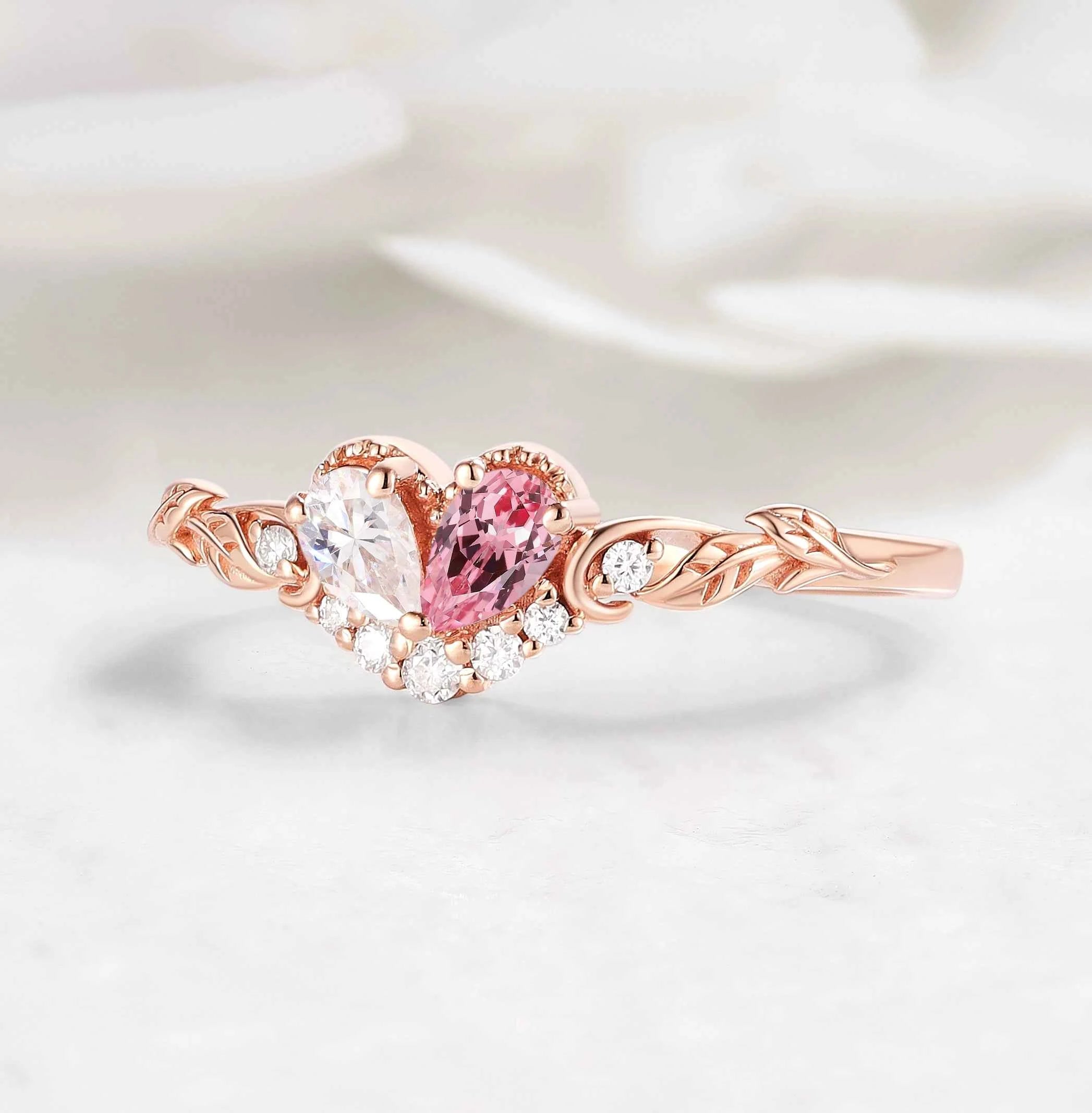 Blush Unity Heart Ring – Pear Cut Moissanite & Pink Sapphire Leaf Inspired Custom Love Ring