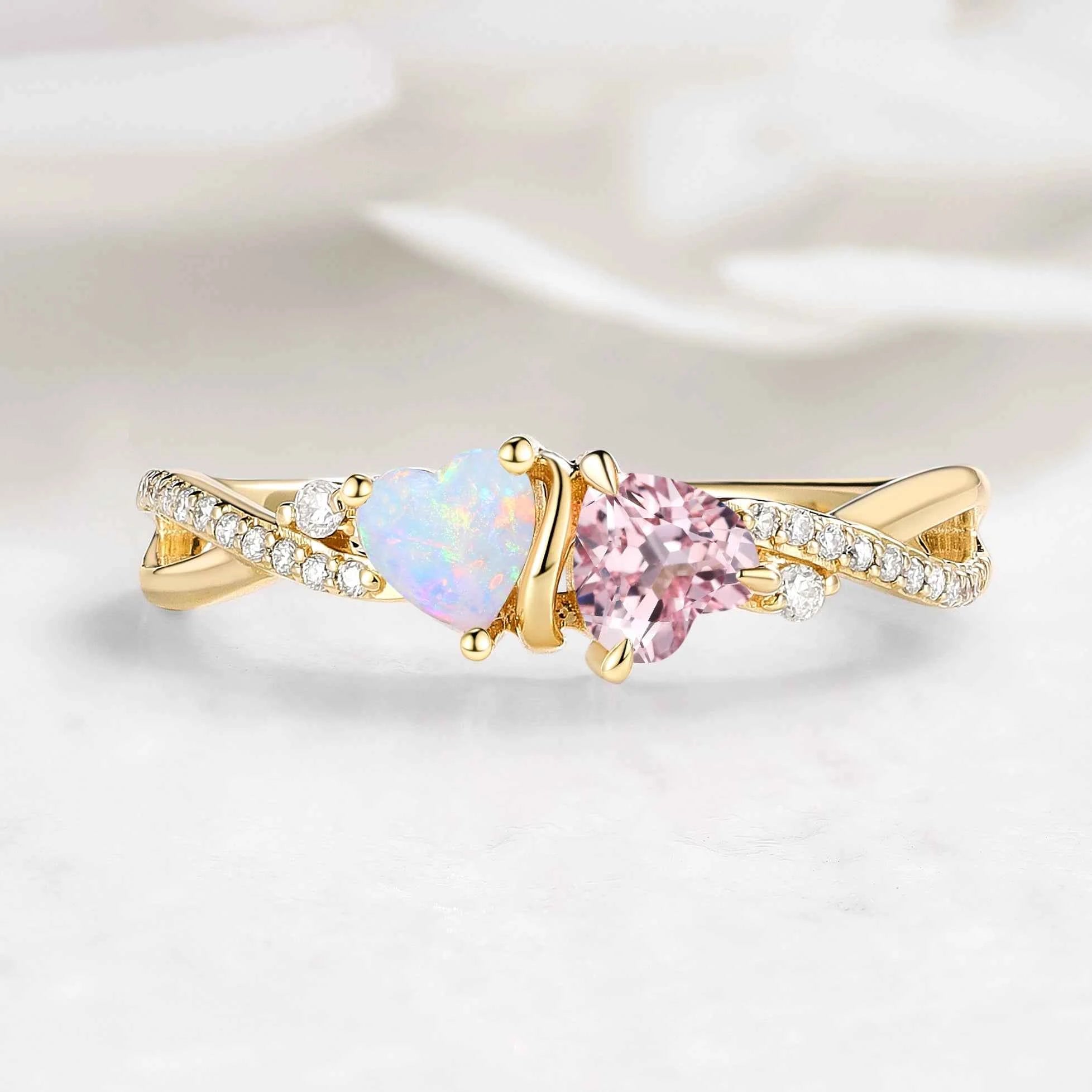 Intertwined Hearts Ring – Double Heart Stone Crossover Band Custom Love Ring