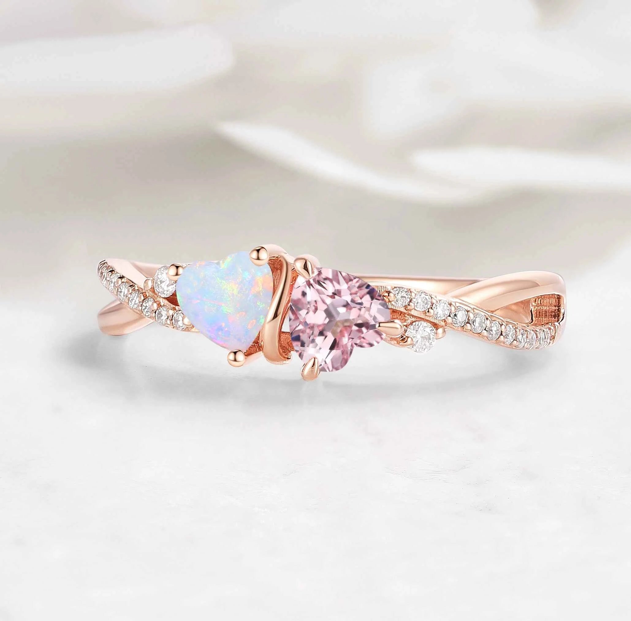 Intertwined Hearts Ring – Double Heart Stone Crossover Band Custom Love Ring