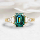 Vintage Leaf Bezel Design Emerald Cut Green Moissanite Engagement Ring - Evelyn