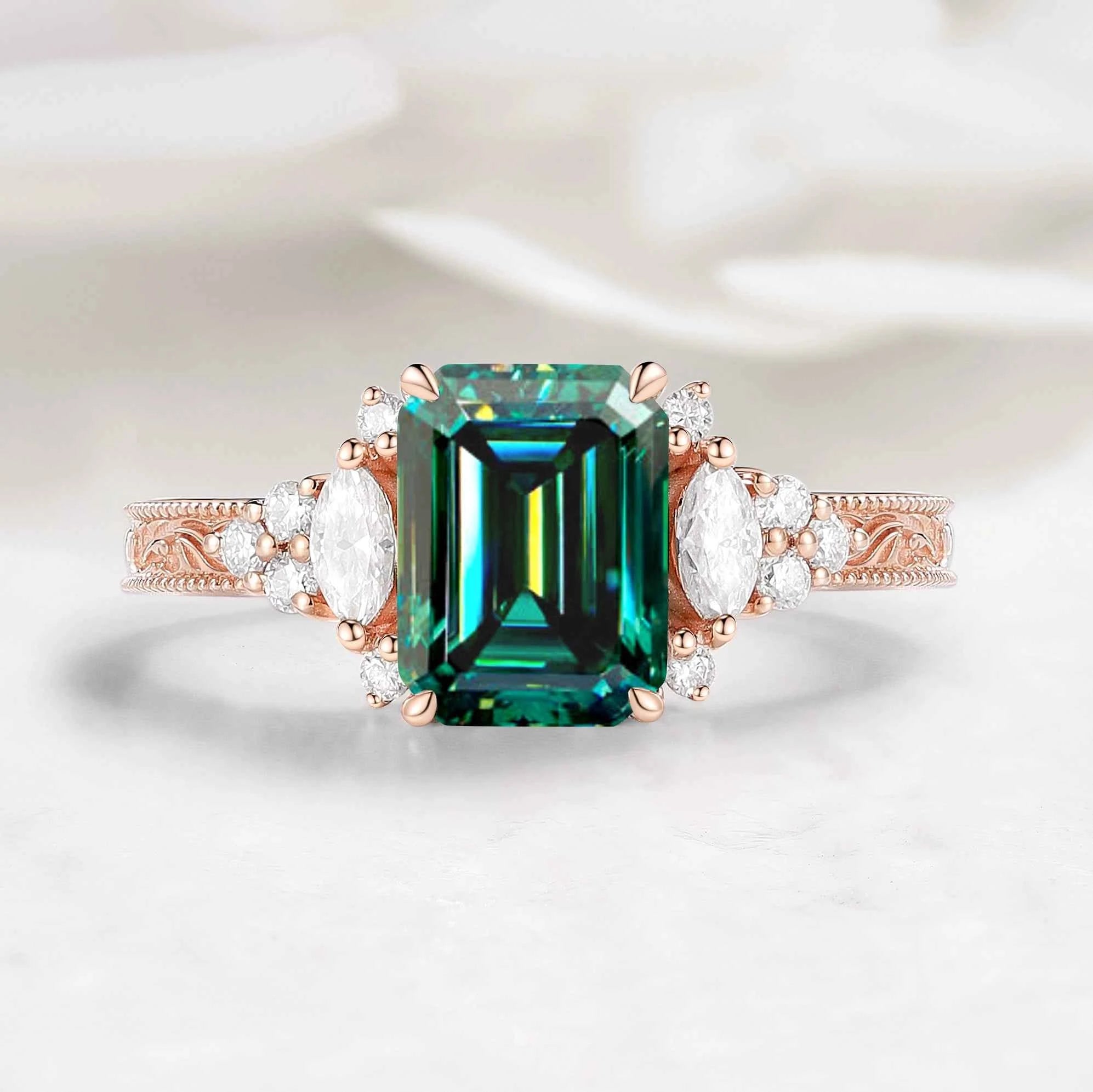 Vintage Leaf Bezel Design Emerald Cut Green Moissanite Engagement Ring - Evelyn