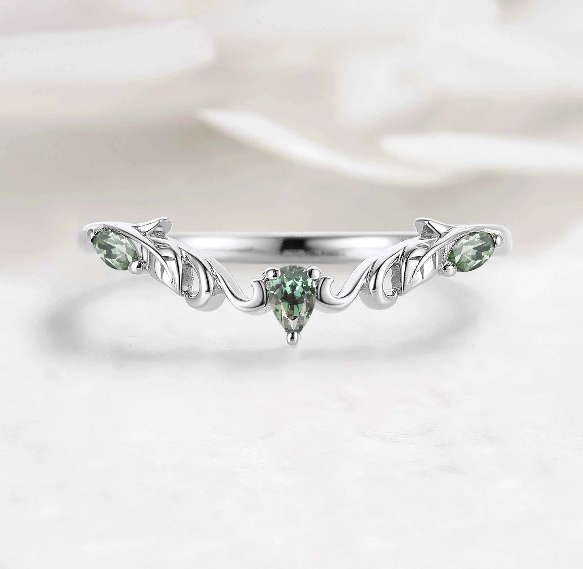 Nature Inspired V-Shaped Natural Green Sapphire Leaf & Vine Wedding Band - Elena