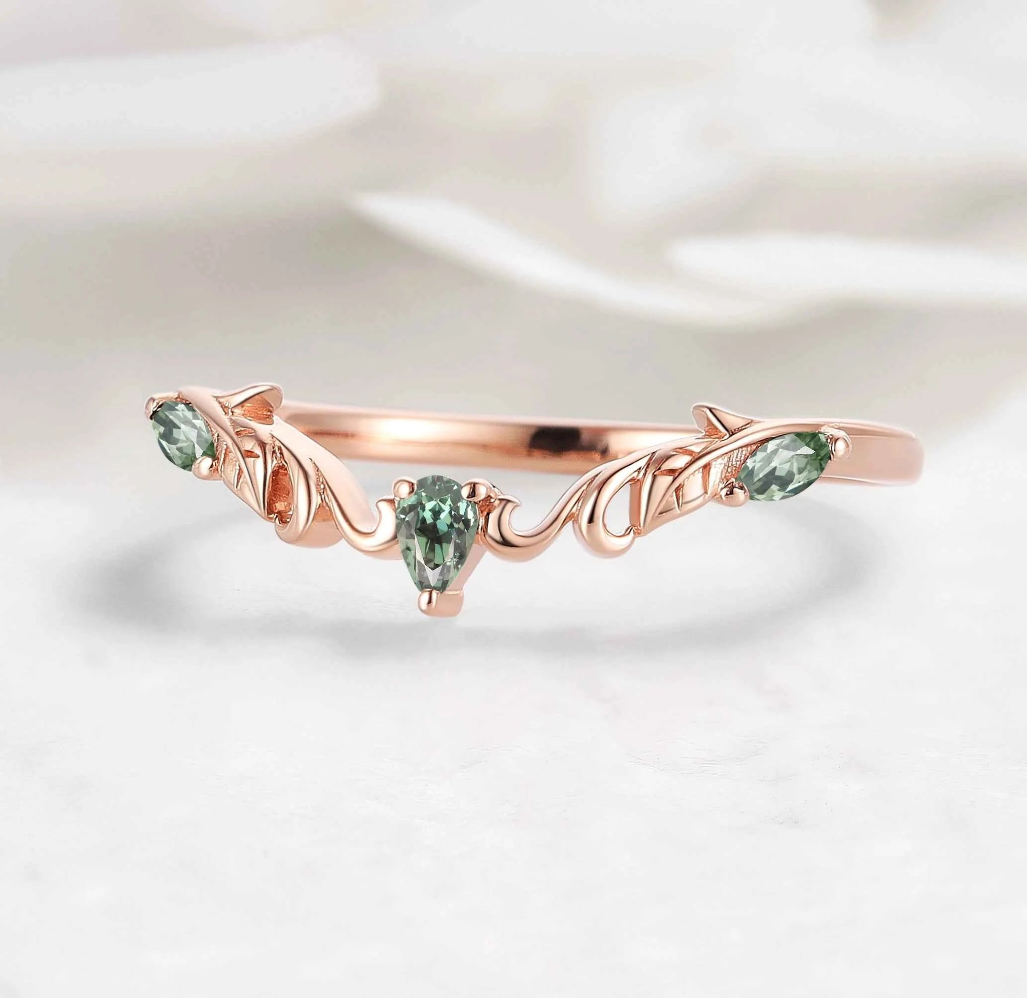 Nature Inspired V-Shaped Natural Green Sapphire Leaf & Vine Wedding Band - Elena