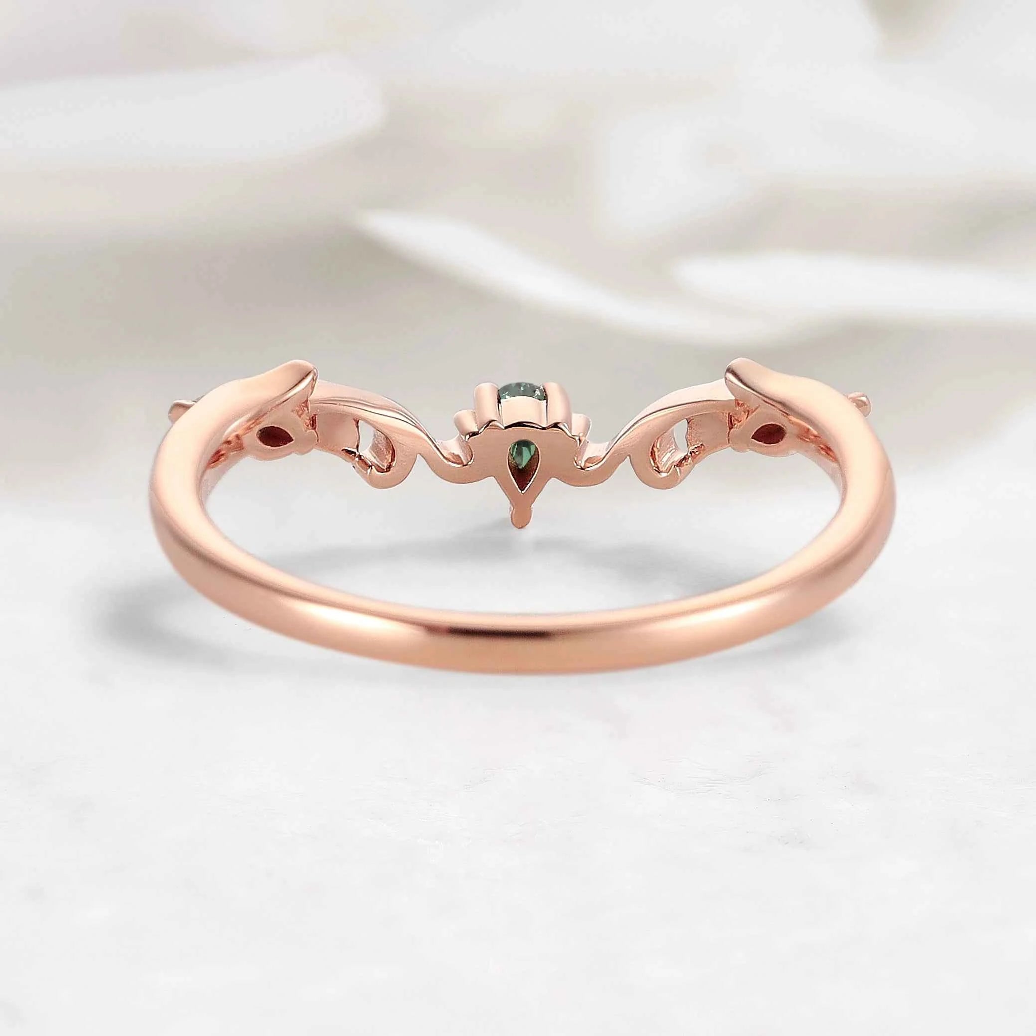 Nature Inspired V-Shaped Natural Green Sapphire Leaf & Vine Wedding Band - Elena