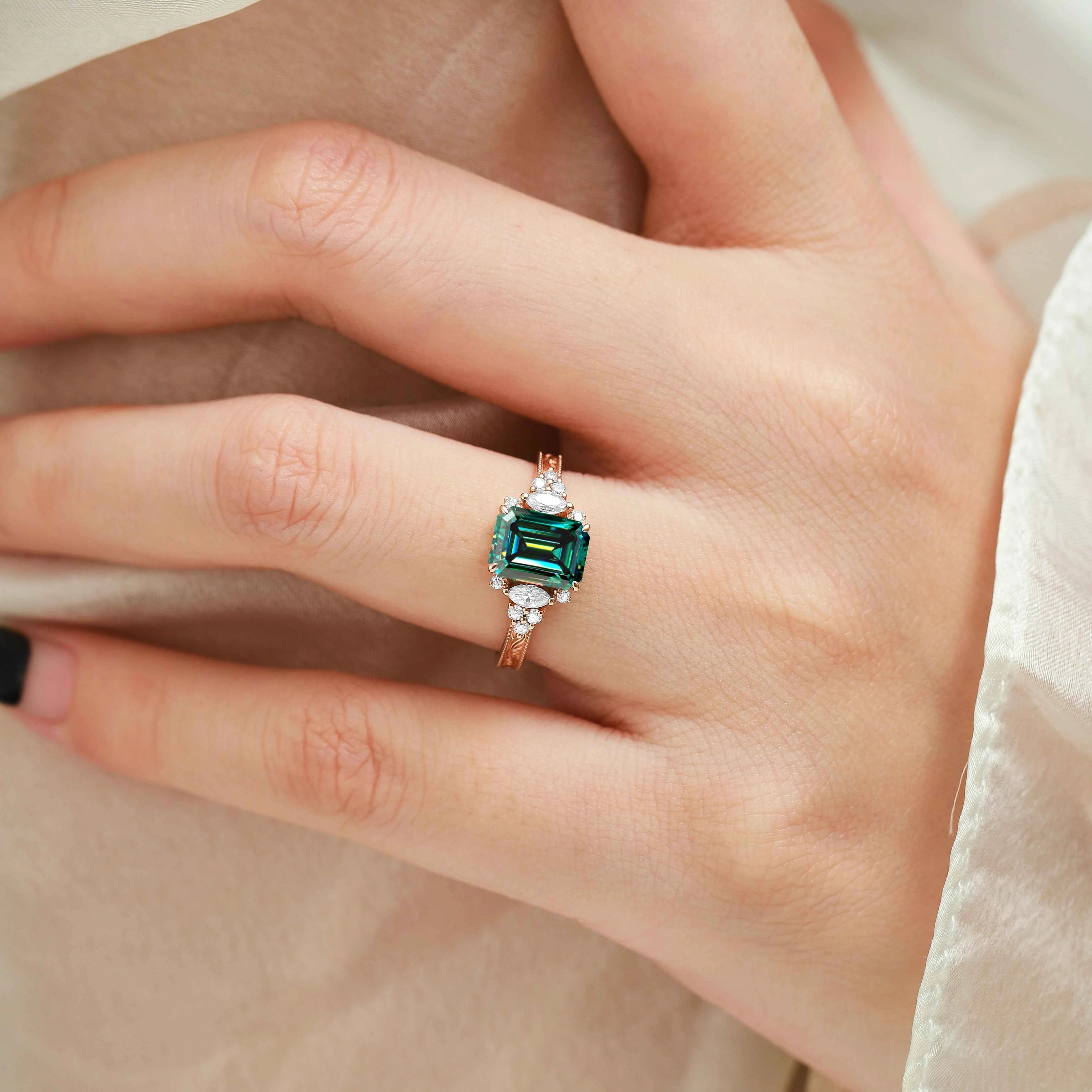 Vintage Leaf Bezel Design Emerald Cut Green Moissanite Engagement Ring - Evelyn