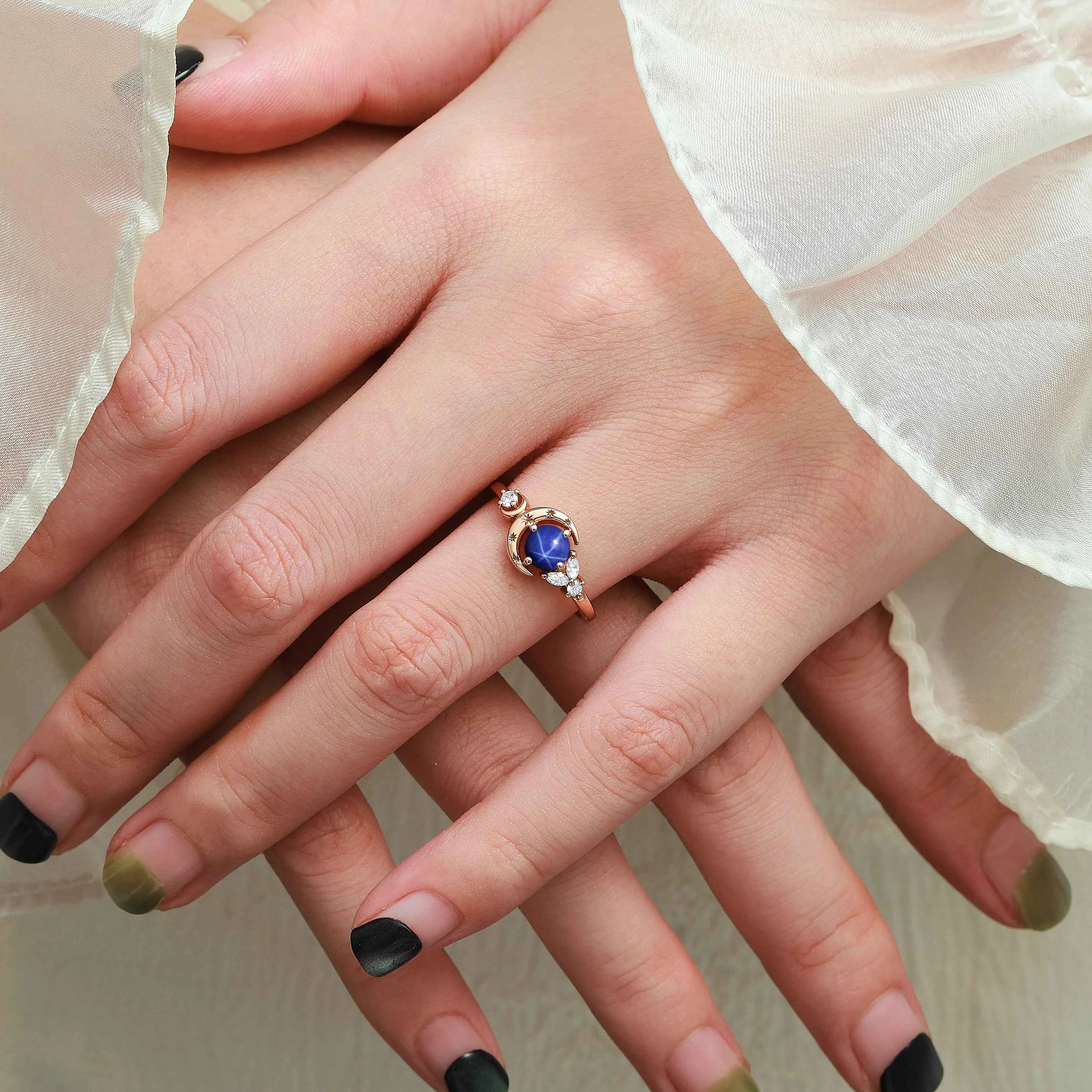 Star & Moon Inspired Engraved Star Sapphire Round Cut Engagement Ring - Celeste