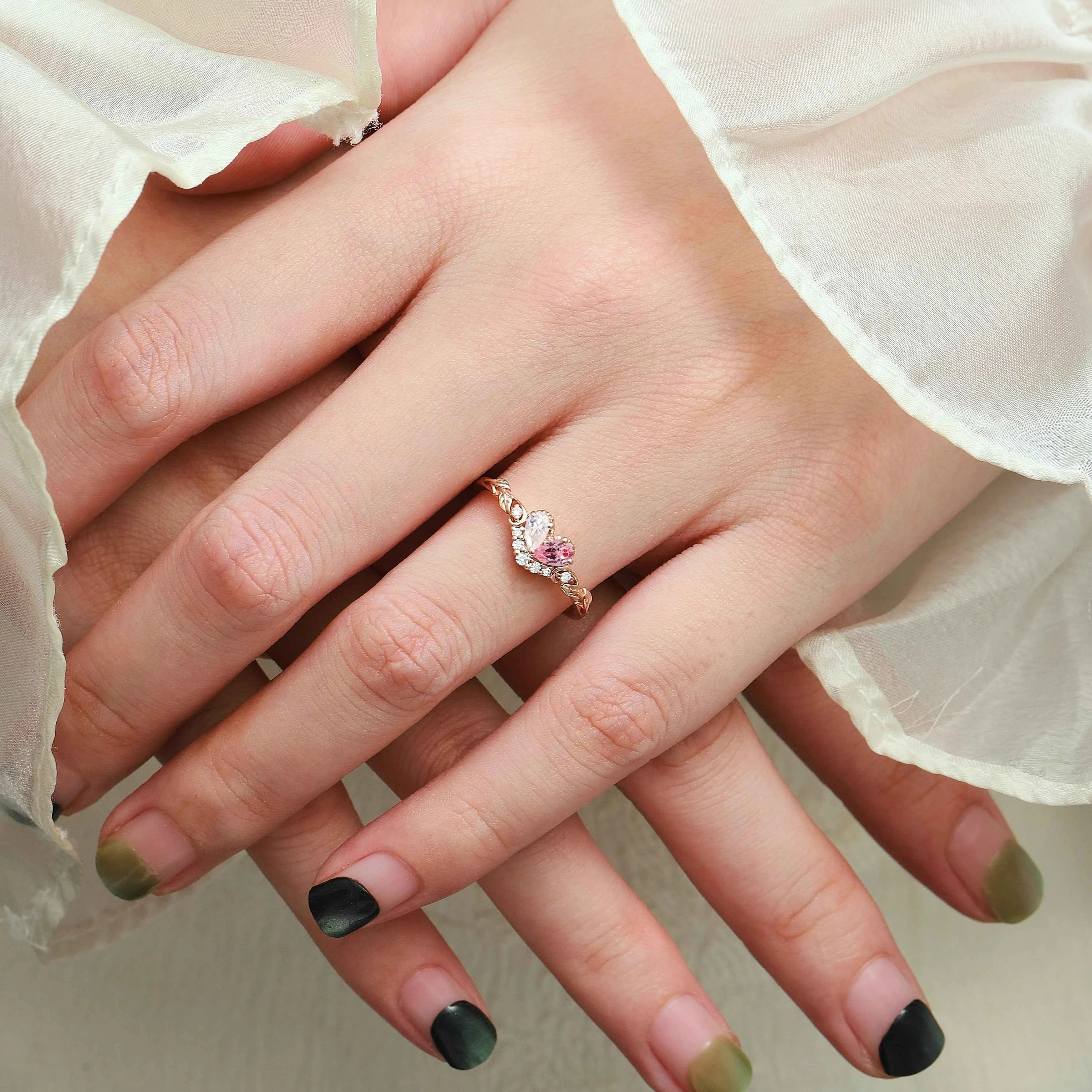 Blush Unity Heart Ring – Pear Cut Moissanite & Pink Sapphire Leaf Inspired Custom Love Ring