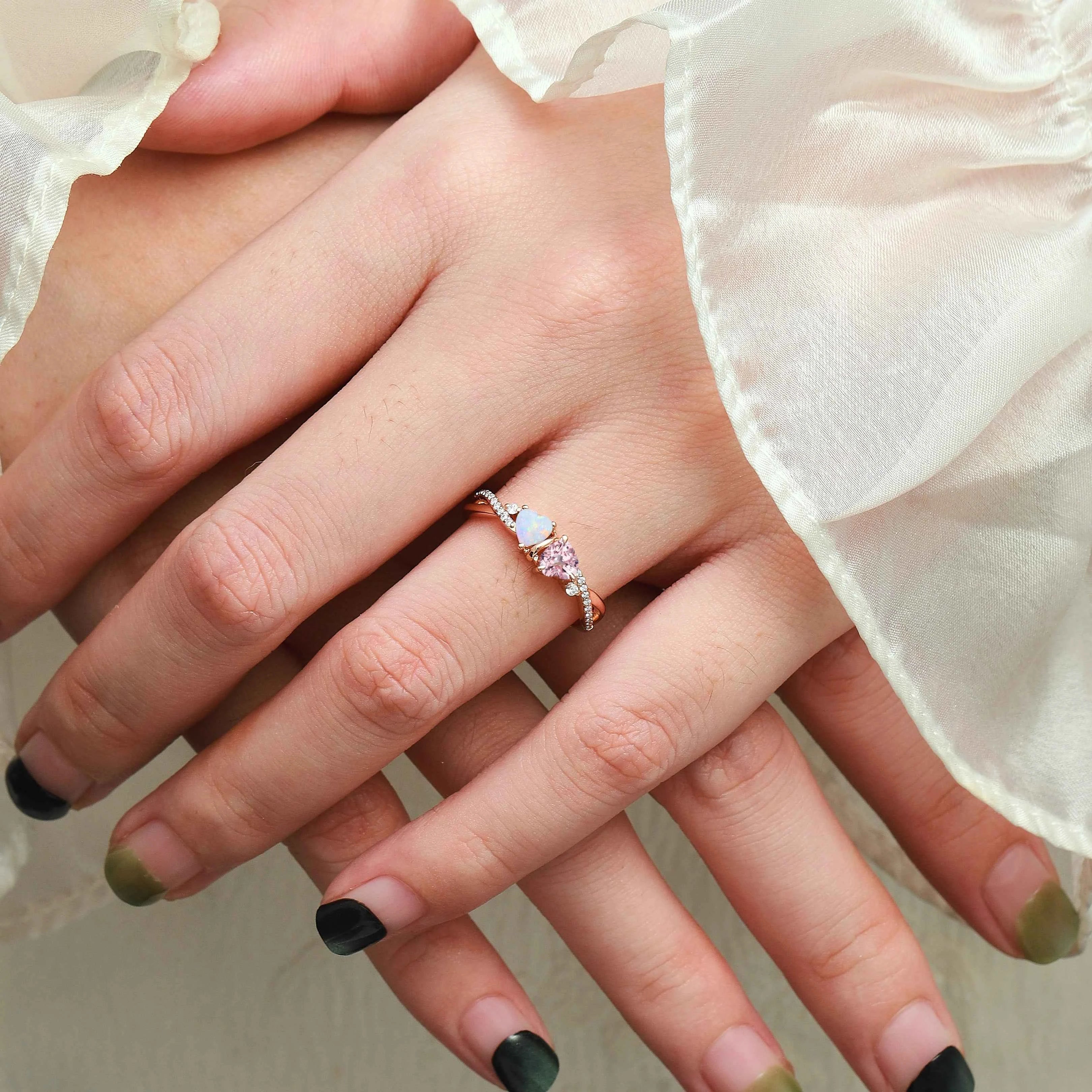 Intertwined Hearts Ring – Double Heart Stone Crossover Band Custom Love Ring