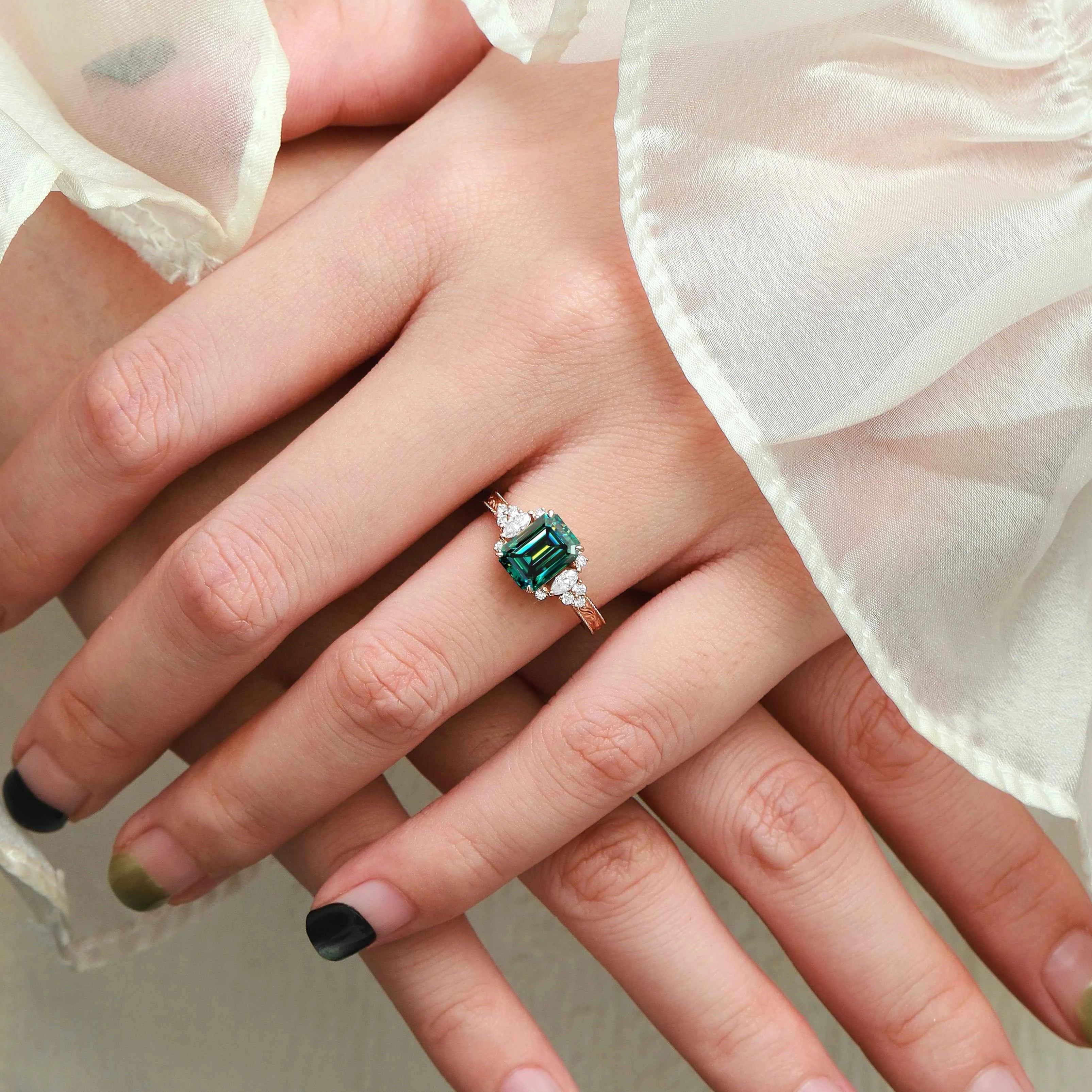 Vintage Leaf Bezel Design Emerald Cut Green Moissanite Engagement Ring - Evelyn