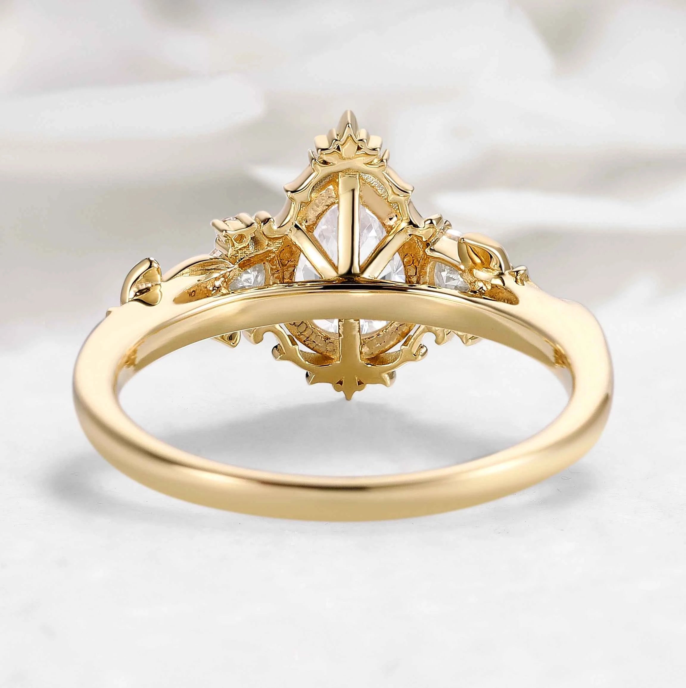 Nature-Inspired Pear Cut Moissanite Bezel Engagement Ring with Trillion Accent Stones - Emily