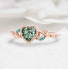 Nature-Inspired Leaf Heart-Cut Green Sapphire Bezel Engagement Ring & Moss Agate Accent - Isabellas