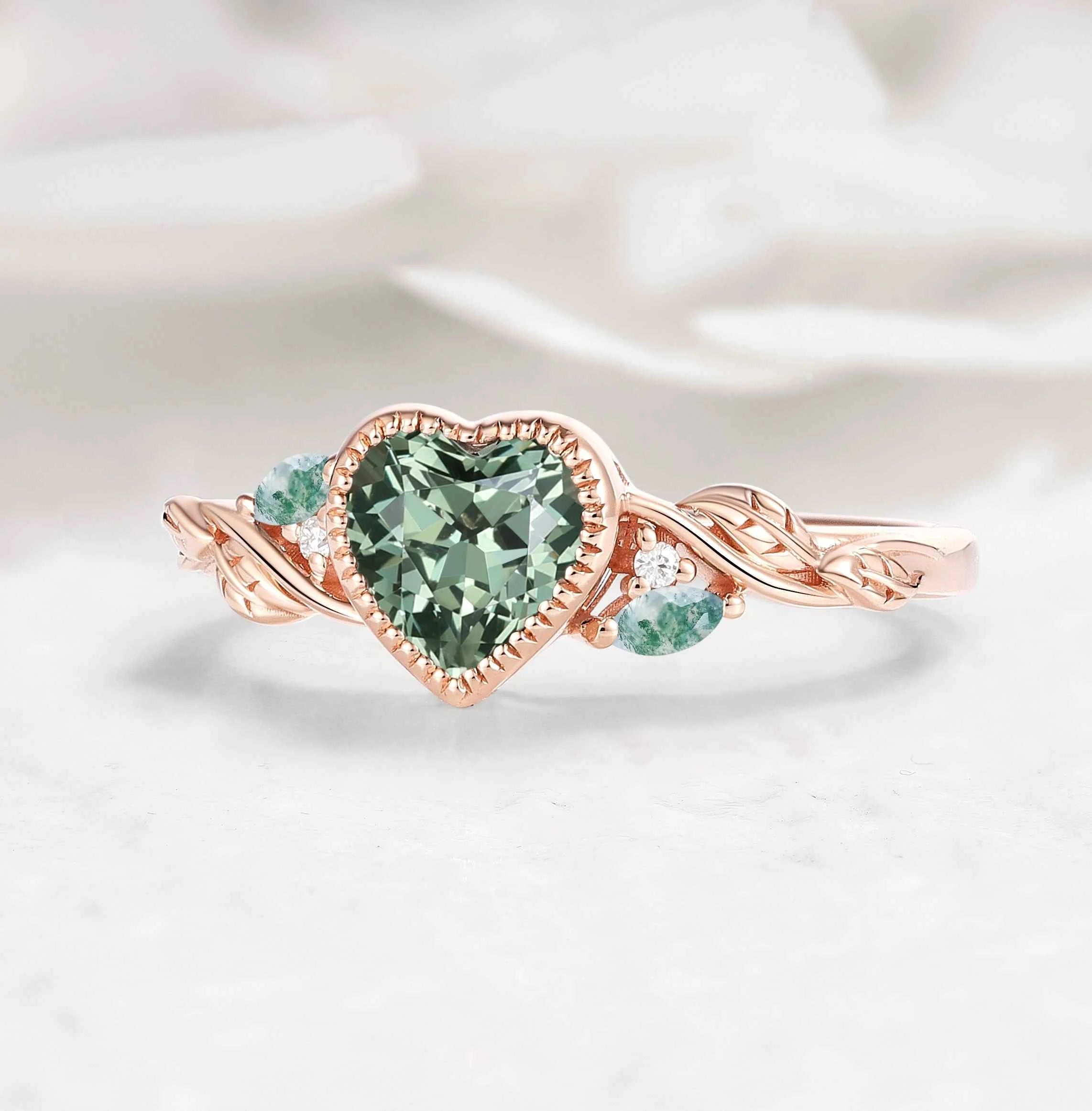 Nature-Inspired Leaf Heart-Cut Green Sapphire Bezel Engagement Ring & Moss Agate Accent - Isabellas