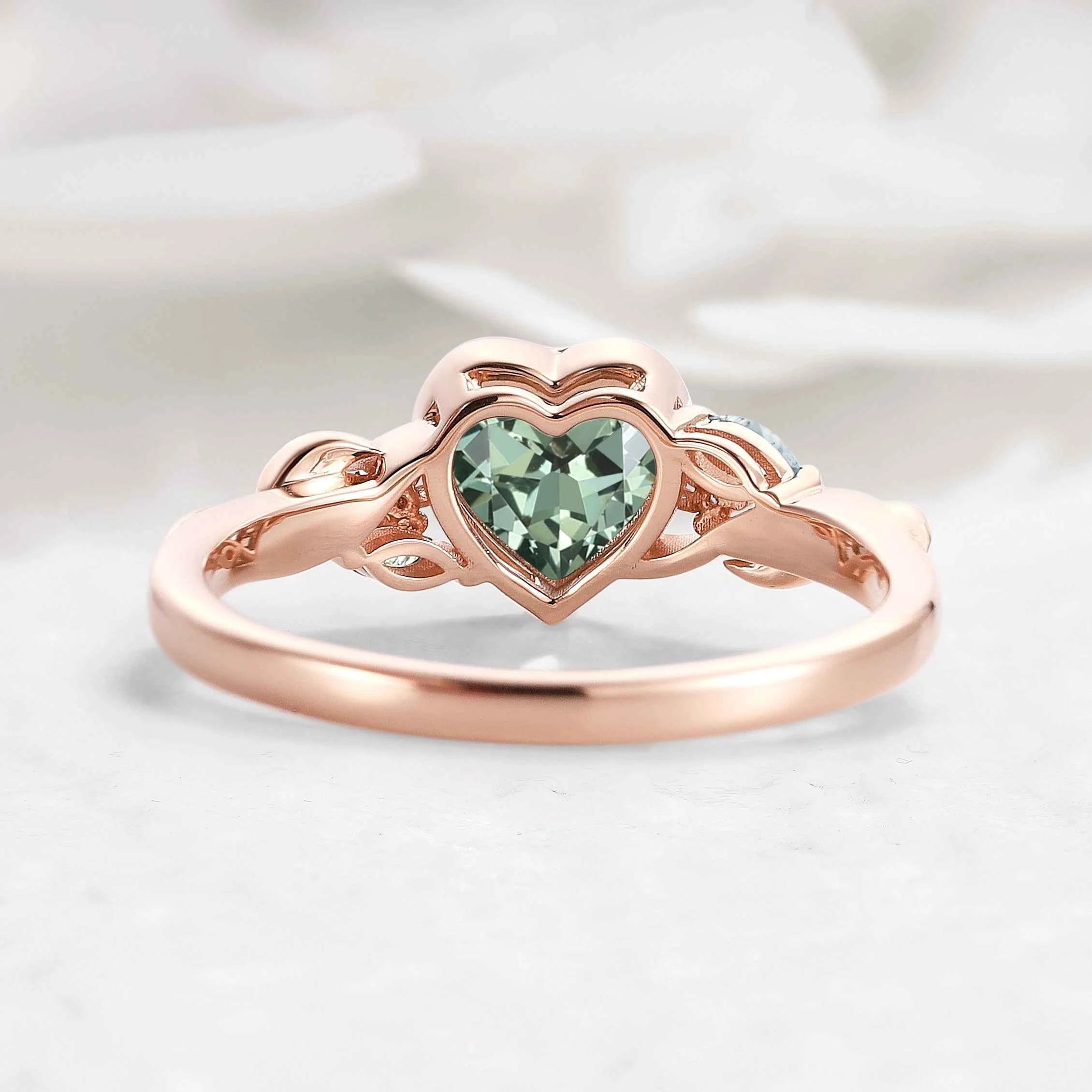 Nature-Inspired Leaf Heart-Cut Green Sapphire Bezel Engagement Ring & Moss Agate Accent - Isabellas