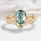 Nature-Inspired Leaf Oval Cut Moss Agate Engagement Ring 2pcs