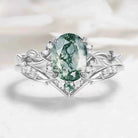 Nature-Inspired Leaf Oval Cut Moss Agate Engagement Ring 2pcs