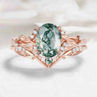 Nature-Inspired Leaf Oval Cut Moss Agate Engagement Ring 2pcs