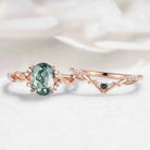 Nature-Inspired Leaf Oval Cut Moss Agate Engagement Ring 2pcs