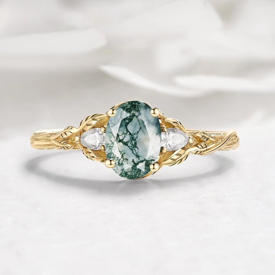Leaf-Inspired Oval Cut Moss Agate Three-Stone Engagement Ring