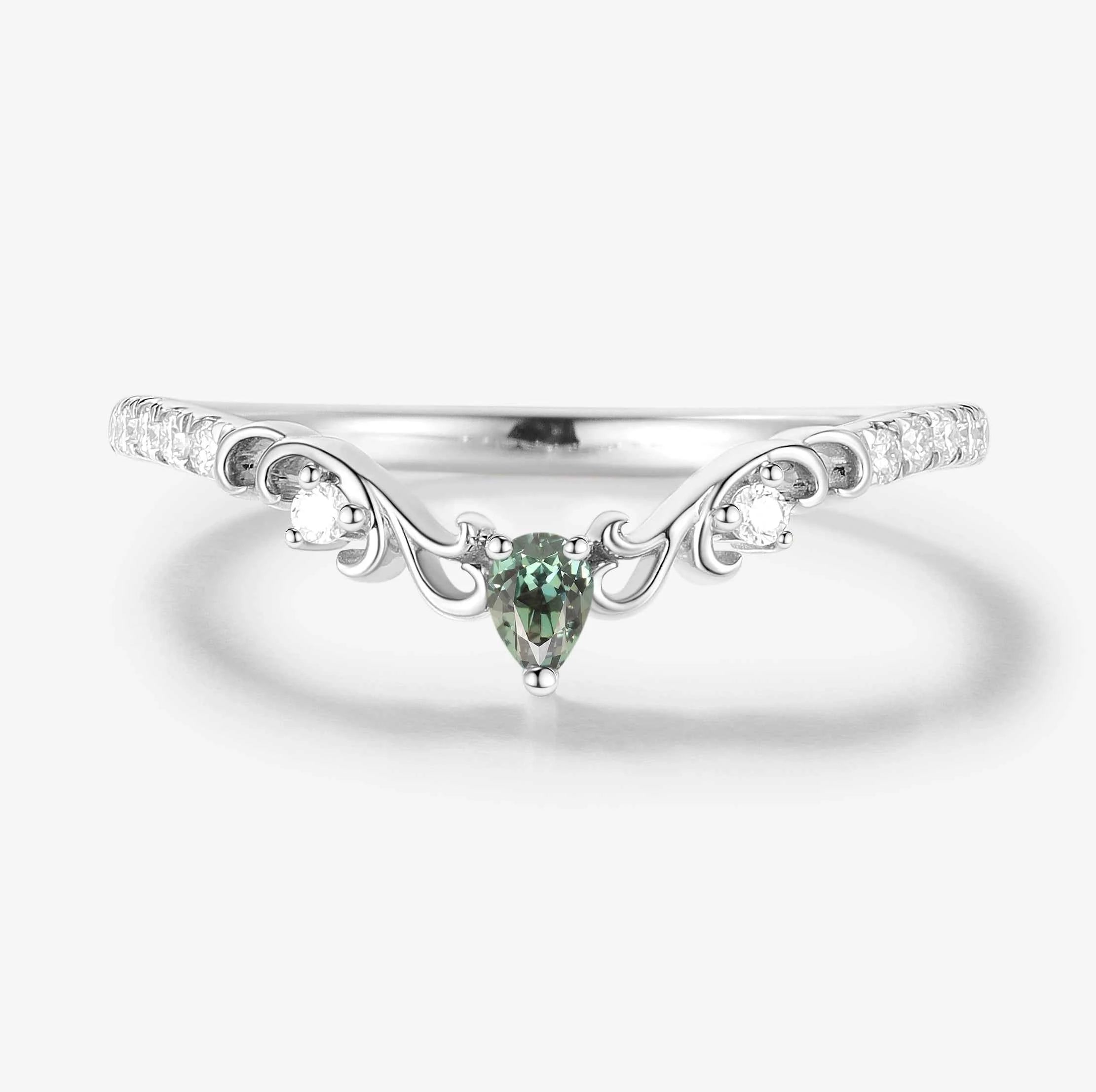 Pear Cut Natural Teal Sapphire & Moissanite Curved Wedding Band