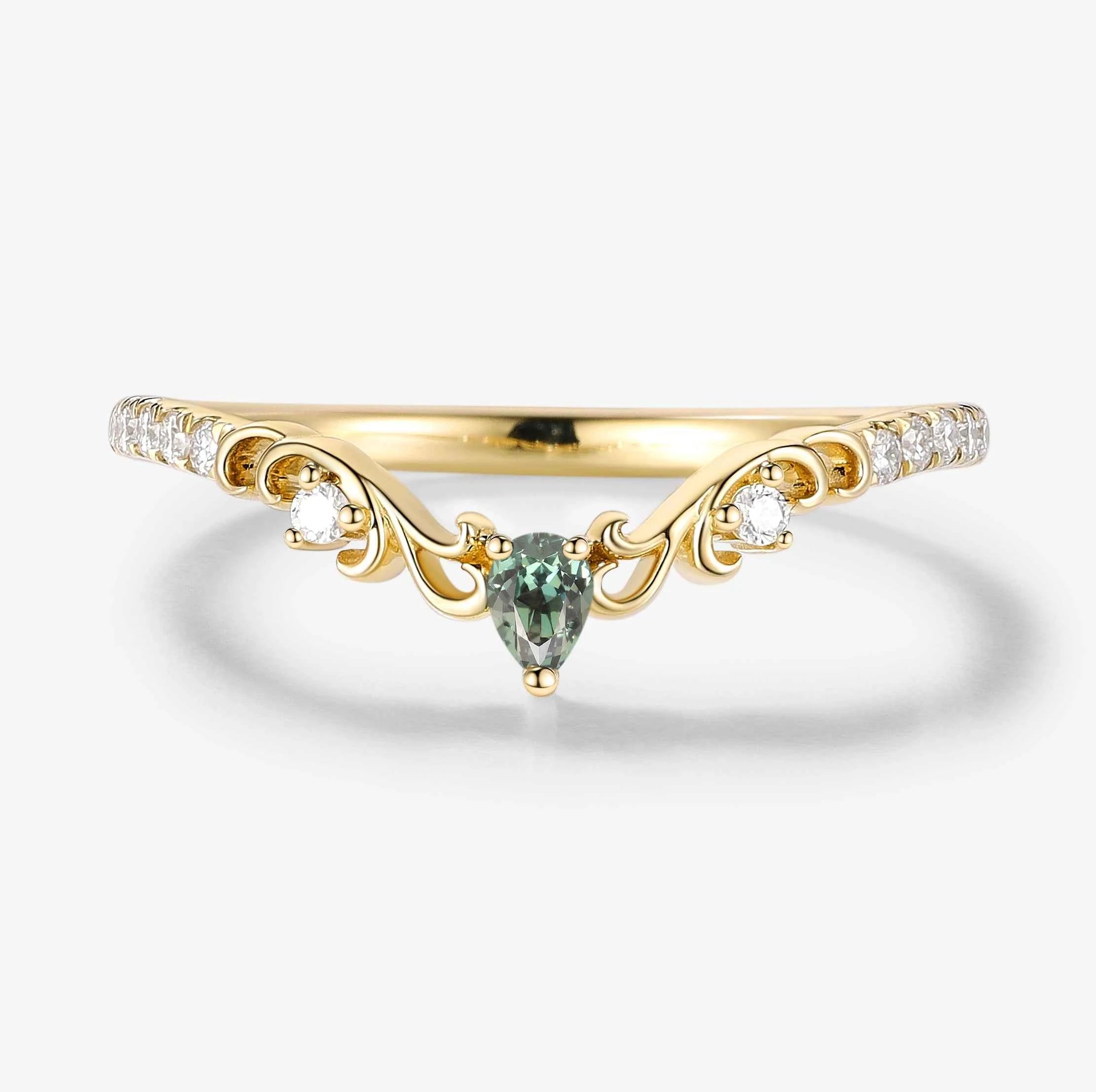 Pear Cut Natural Teal Sapphire & Moissanite Curved Wedding Band