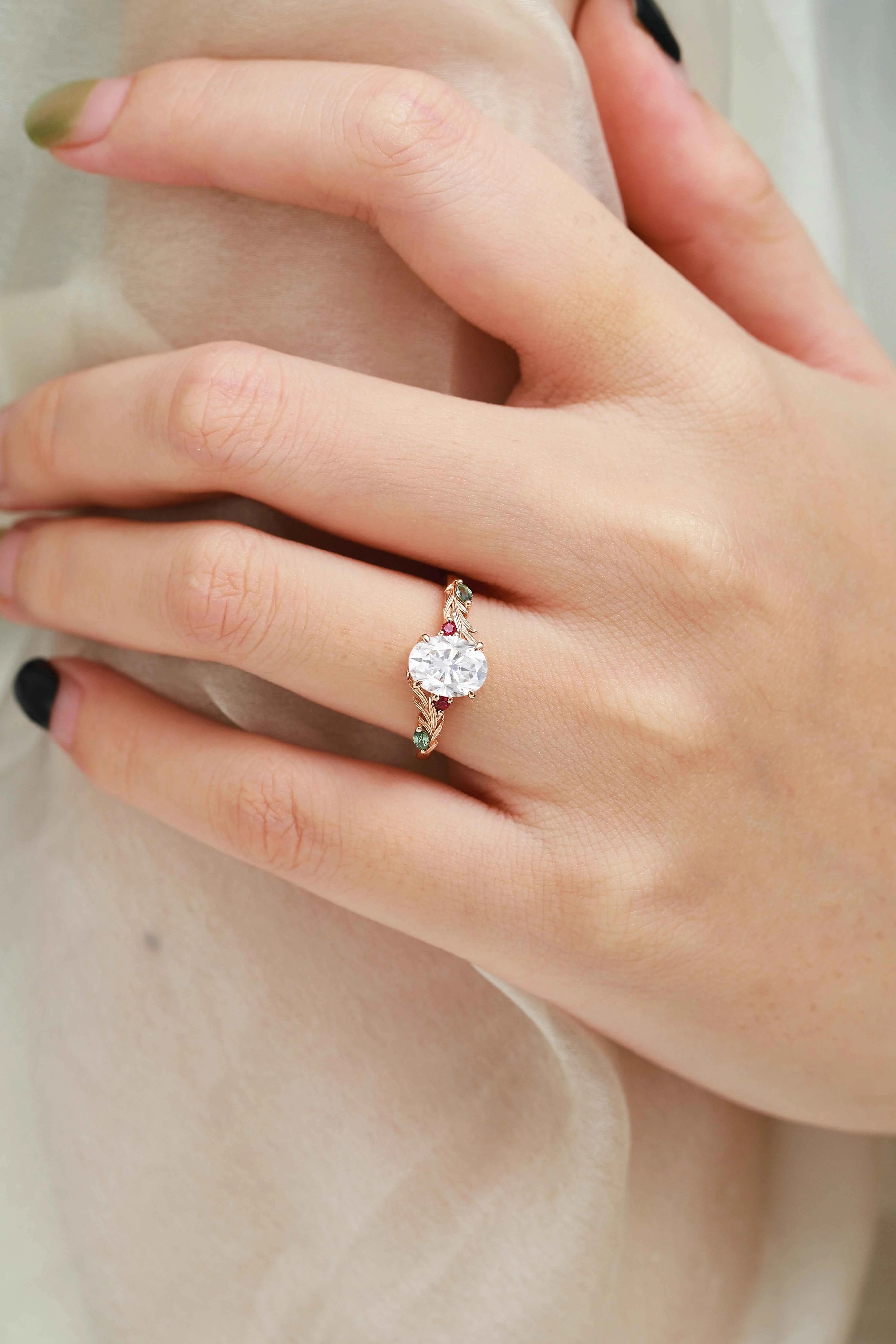 Oval Cut Moissanite Pine Leaf Engagement Ring - Rowan