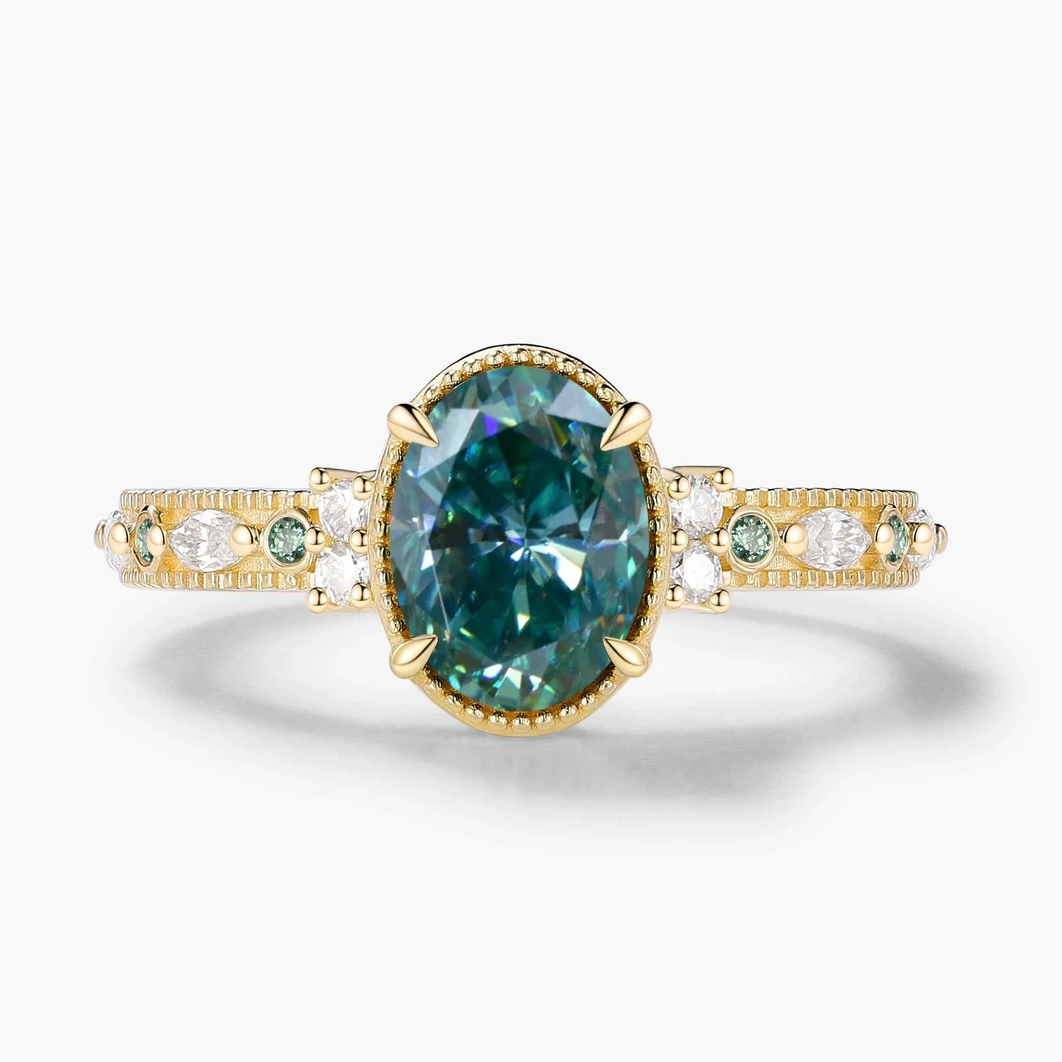 Classic Oval Cut Green Moissanite Bezel Engagement Ring