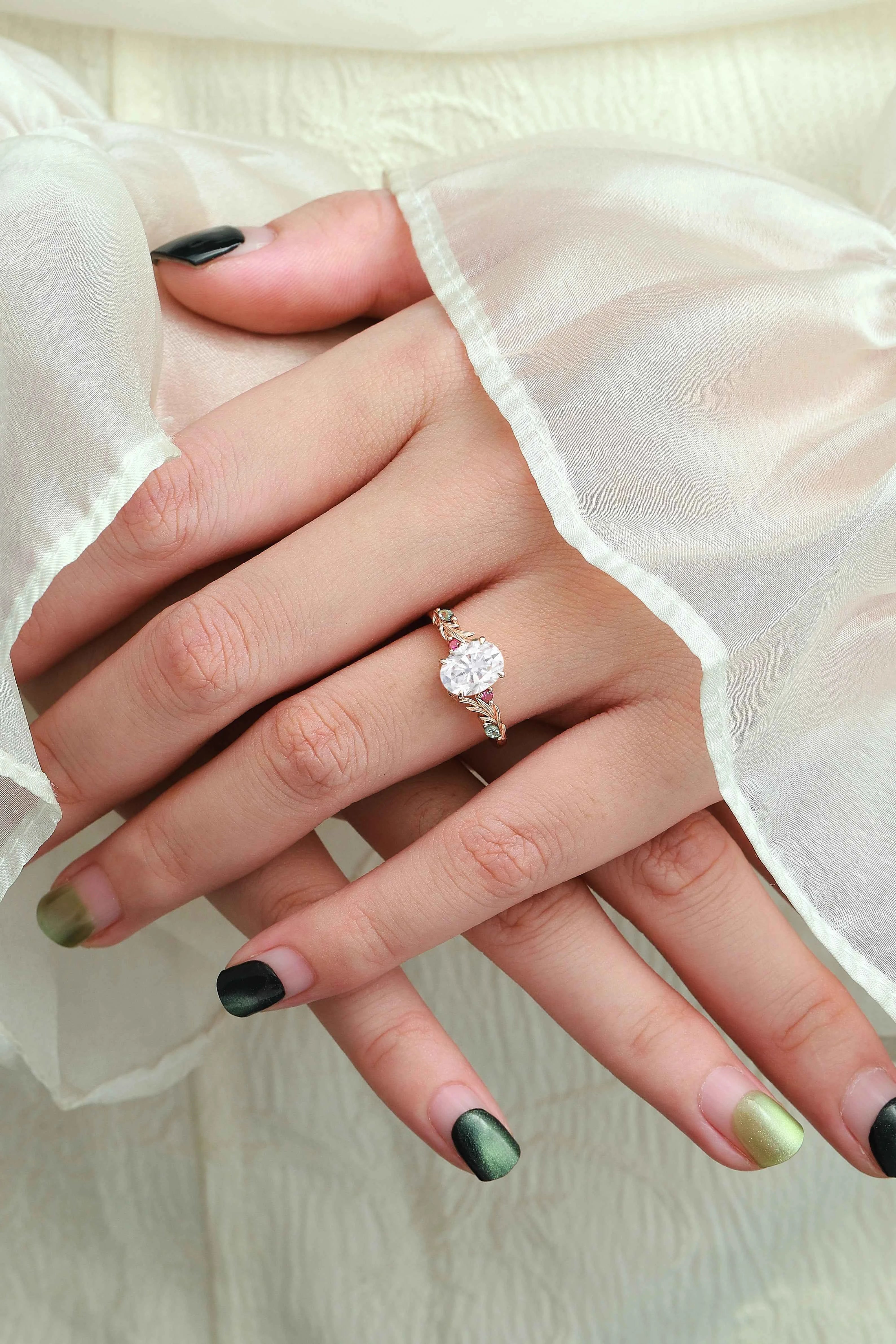 Oval Cut Moissanite Pine Leaf Engagement Ring - Rowan