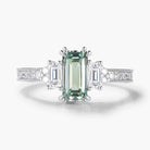 Emerald Cut green Sapphire Three-Stone Bezel Engagement Ring