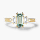 Emerald Cut green Sapphire Three-Stone Bezel Engagement Ring