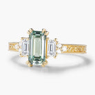Emerald Cut green Sapphire Three-Stone Bezel Engagement Ring