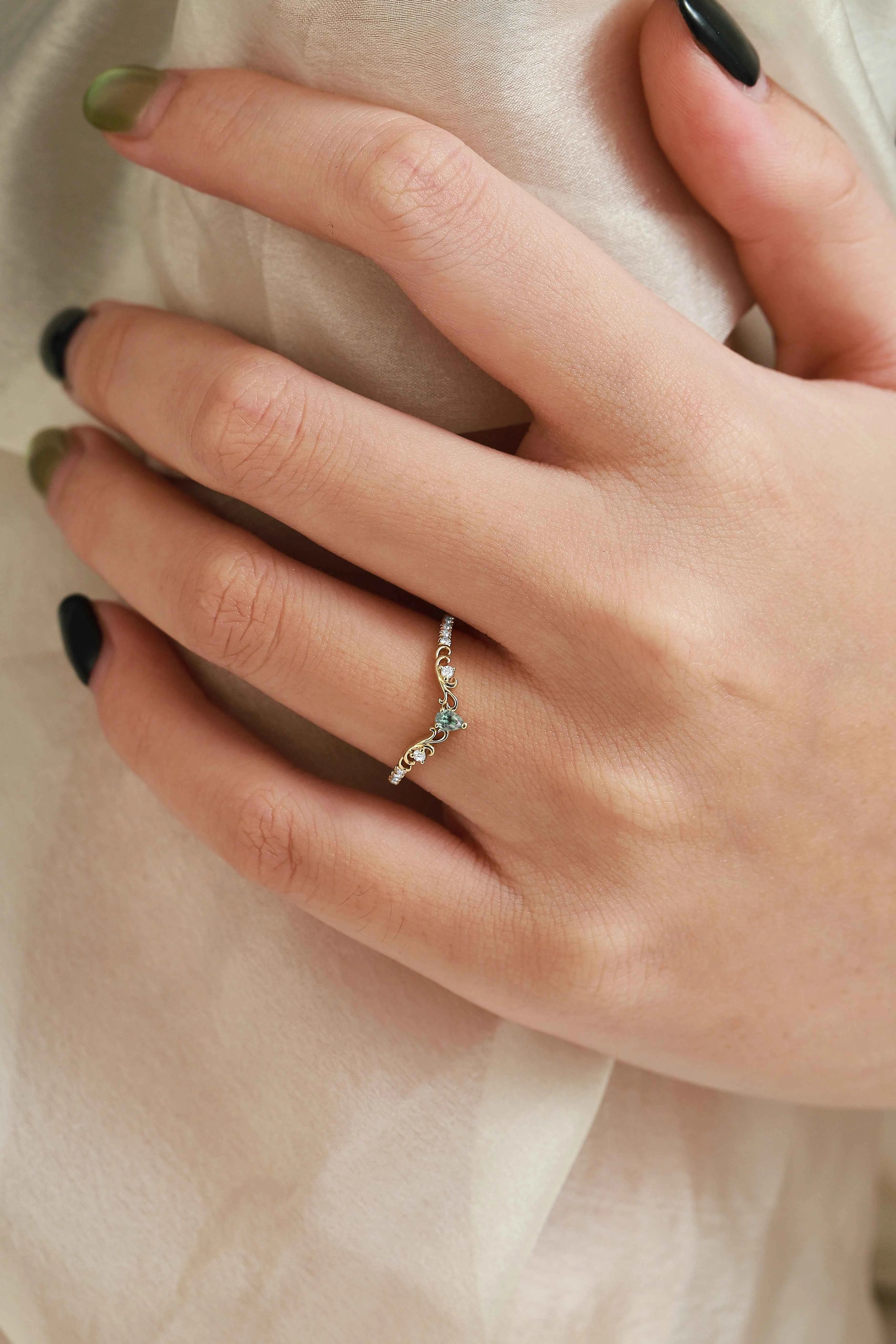 Pear Cut Natural Teal Sapphire & Moissanite Curved Wedding Band