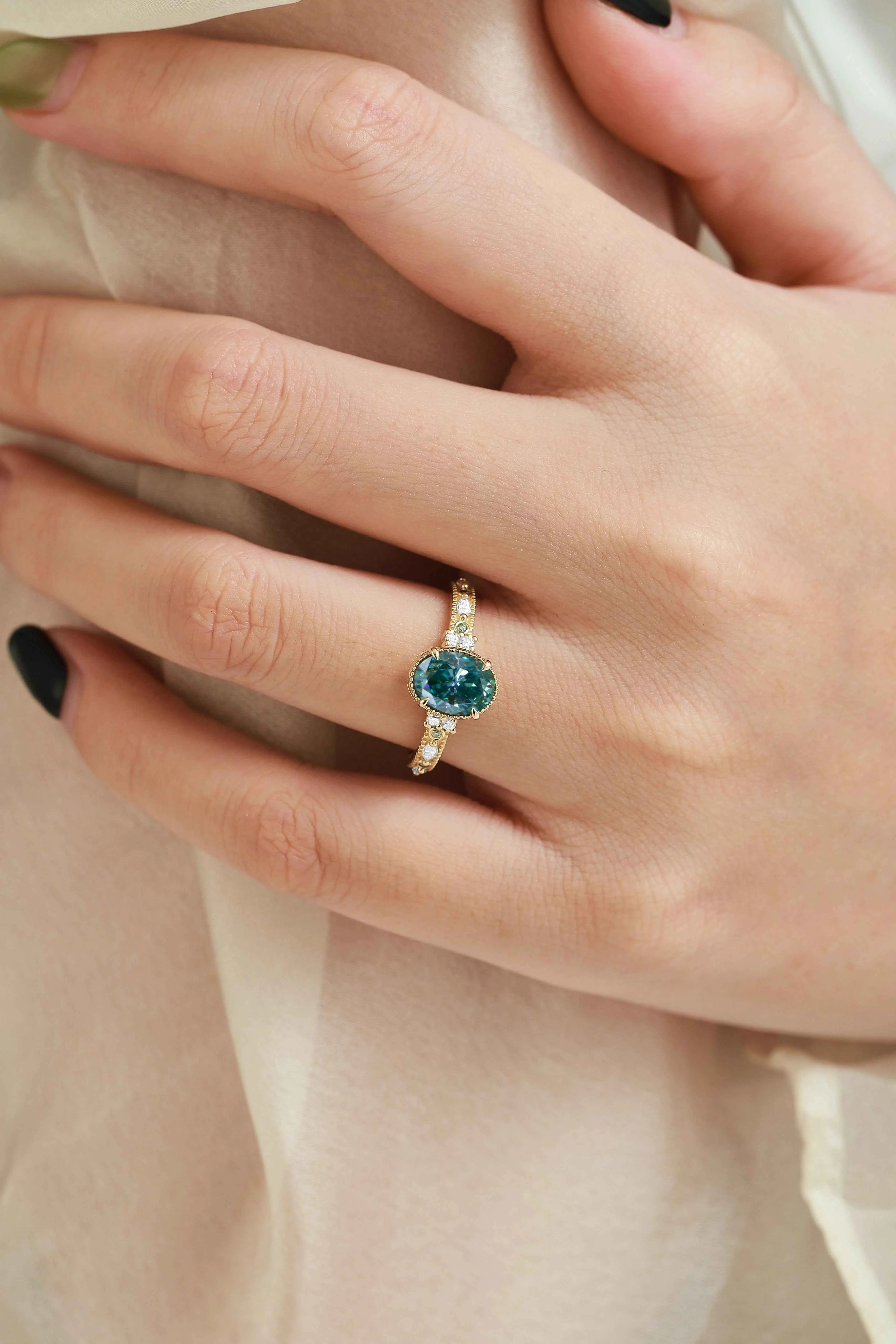 Classic Oval Cut Green Moissanite Bezel Engagement Ring