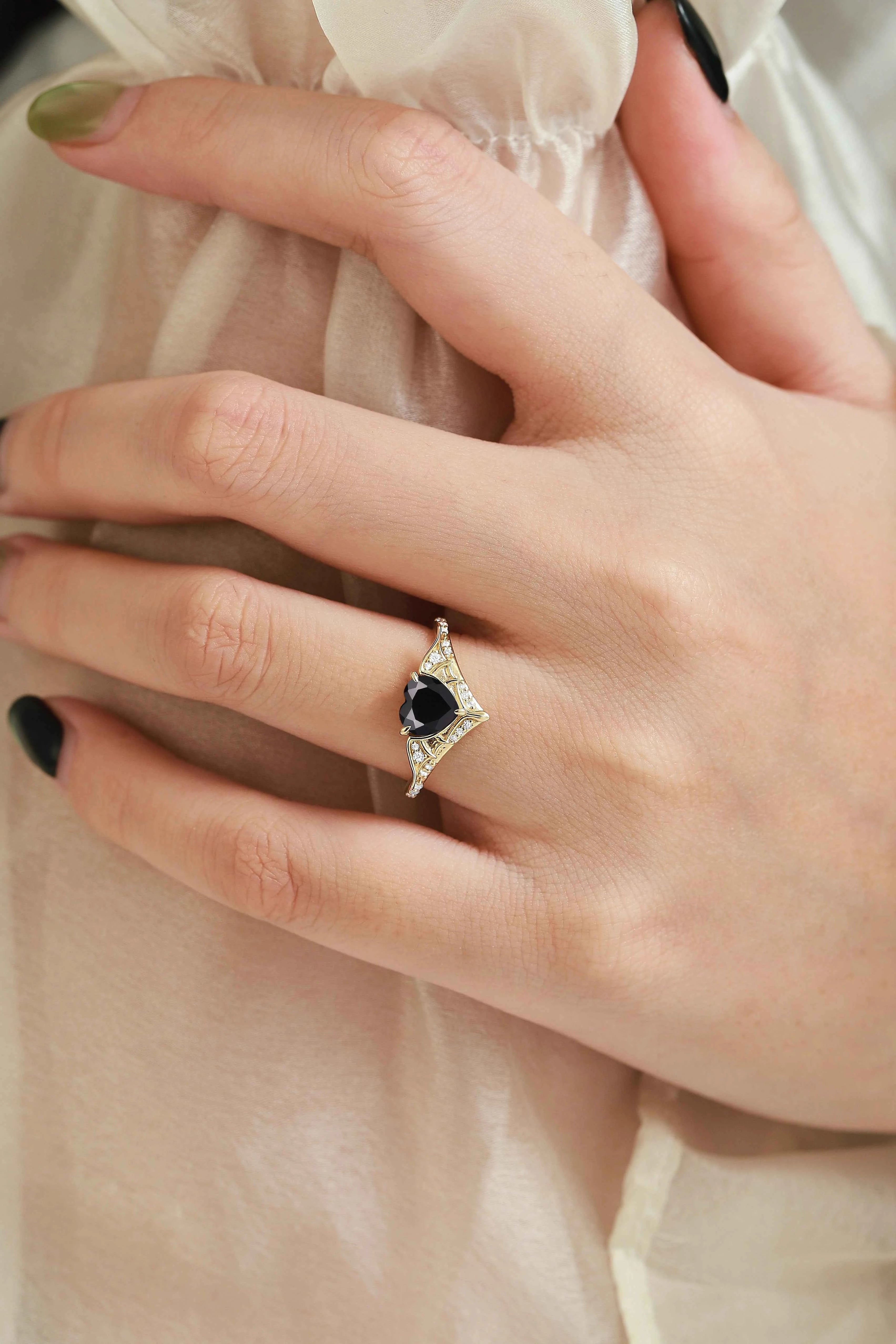 Bat Wing Inspired Black Onyx Heart Cut Ring