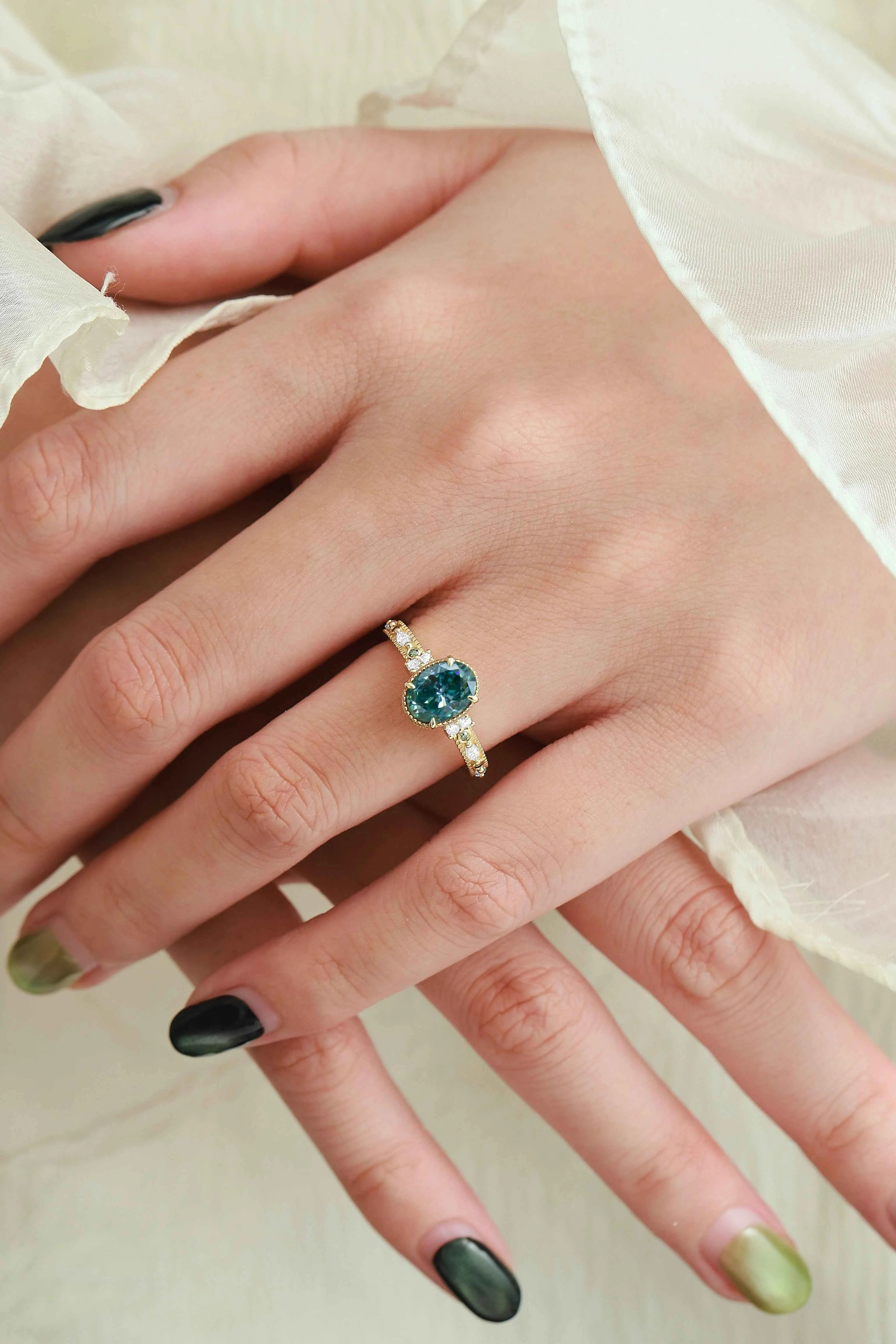 Classic Oval Cut Green Moissanite Bezel Engagement Ring