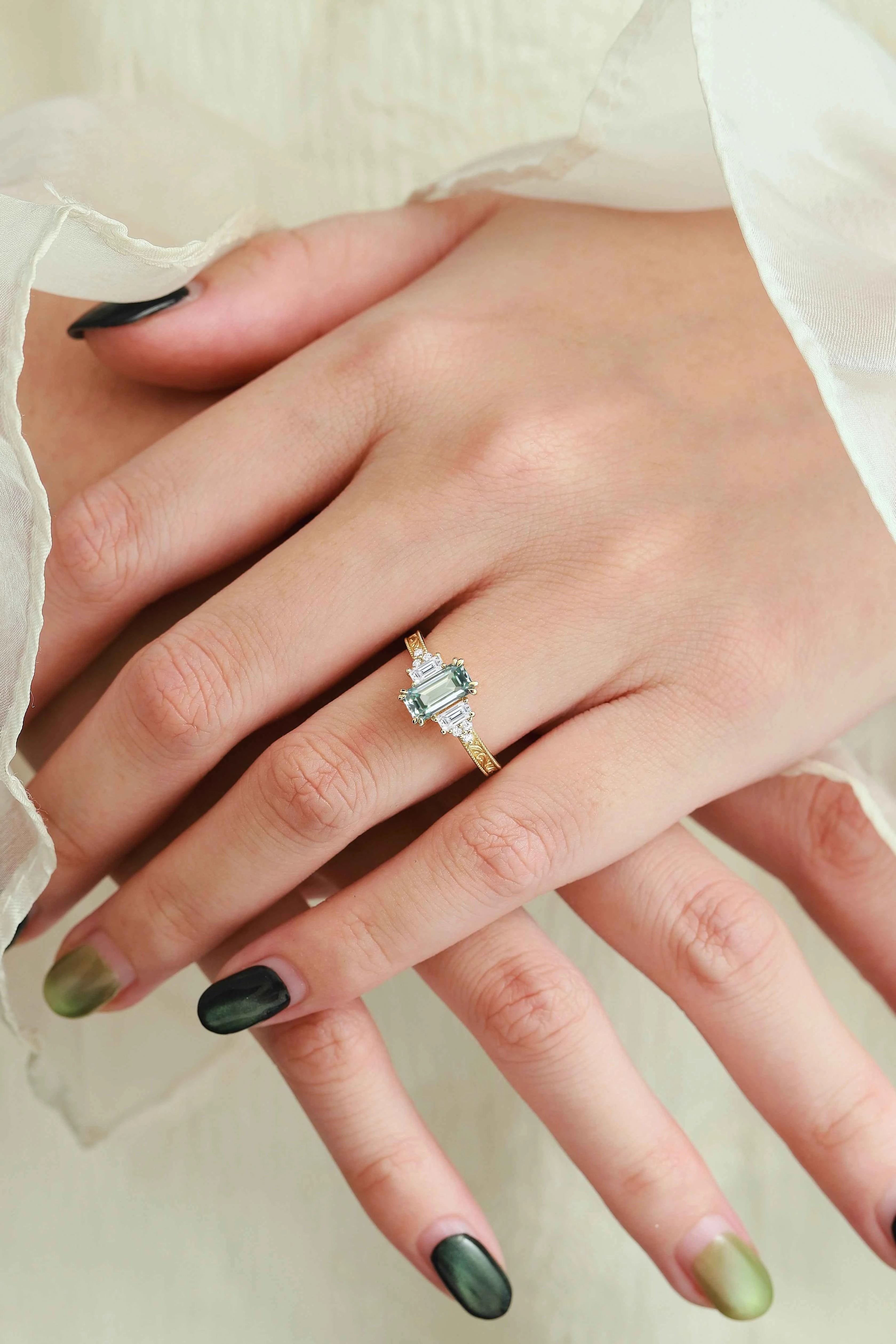 Emerald Cut green Sapphire Three-Stone Bezel Engagement Ring