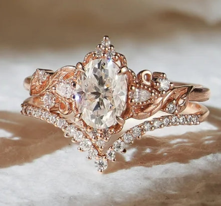 Oval Cut Moissanite Leaf Engagement Ring Set - Nature Inspired