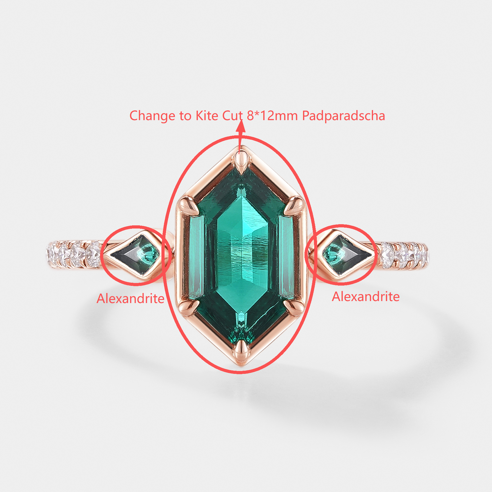 Custom Kite Cut Lab Padparadscha Engagement Ring with Alexandrite Accent Stone For Lauren Maddox