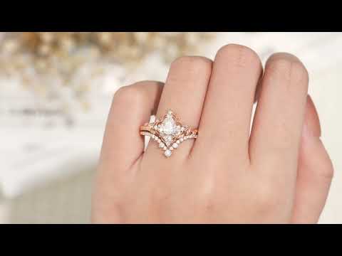 Video of Nature Inspired Leafy Moissanite Engagement Ring Set V Shaped Curved Wedding Band 