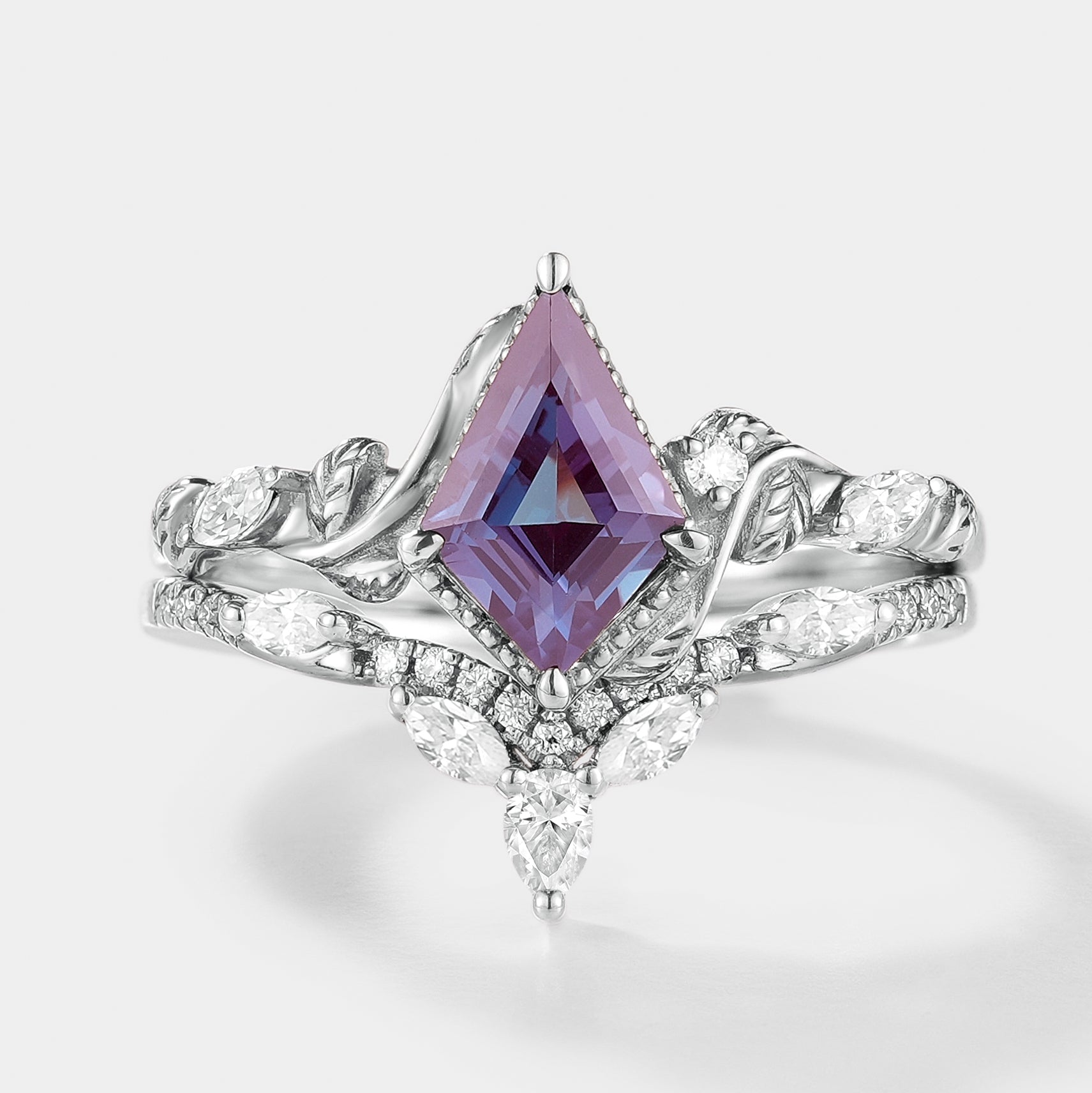 Kite Cut Alexandrite Bridal Set with Leaf Design