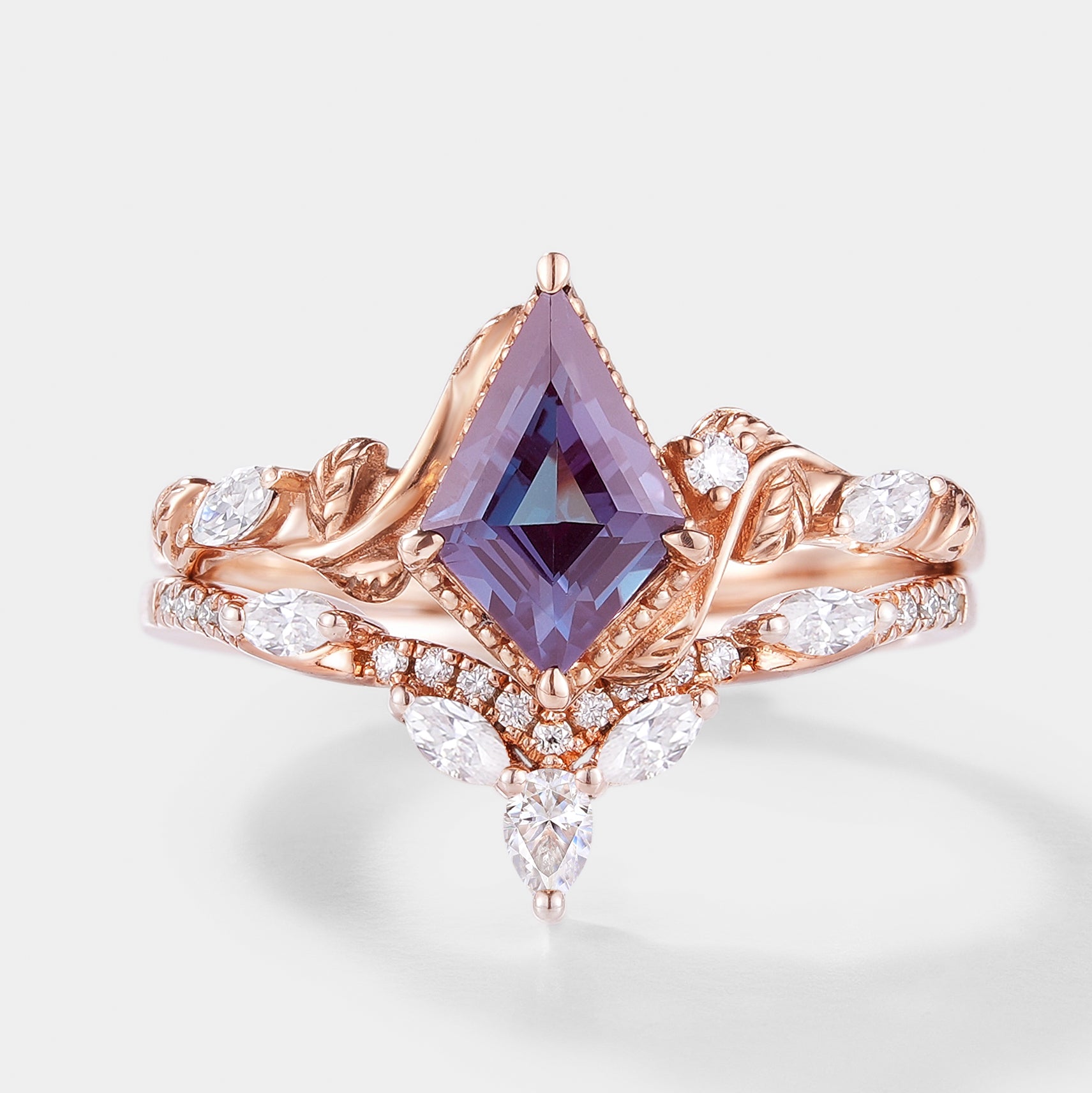 Unique Kite Cut Alexandrite Ring Leaf Bridal Set 2pcs In Rose Gold