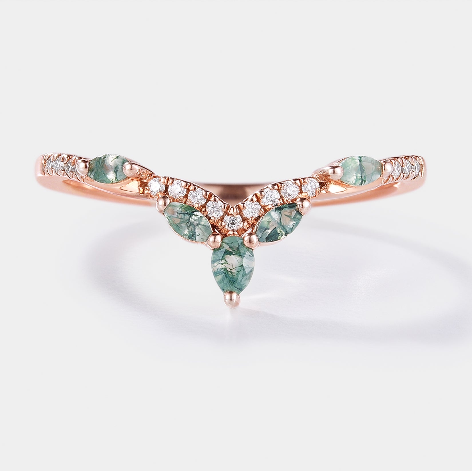Rose gold wedding band with moss agate and moissanite gemstones, a leaf-inspired design. Vintage engagement rings.