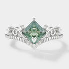 Elegant moss agate engagement ring with princess cut and vintage design