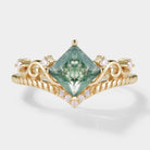 Vintage princess cut moss agate engagement ring with gold band