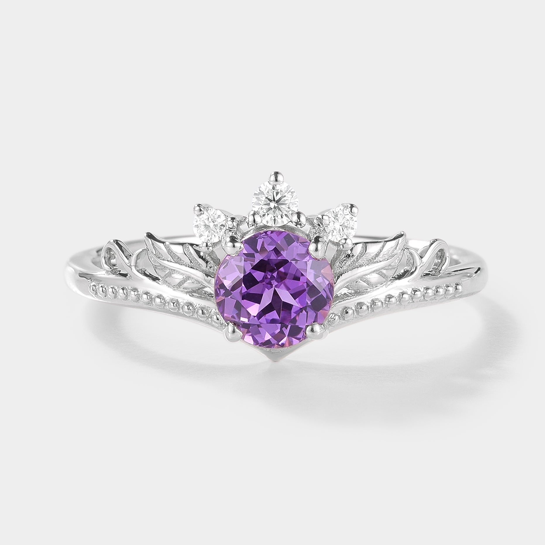 Round Cut Lab Purple Sapphire Leaf Engagement Ring In White Gold